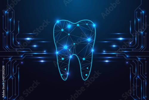 National dentists day glowing digital teeth on circuit board. Oral neon blue wireframe. futuristic, tech, healthcare and dental week holiday concept background.