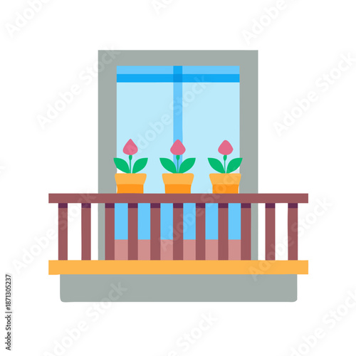 Stylized window with flower pots on a balcony in flat design