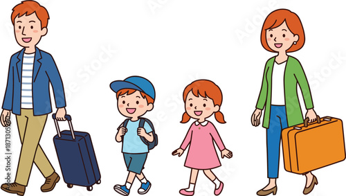 Family, travel, illustration, parents, children, walking, luggage, vacation, trip, tourism, happy, lifestyle, cartoon, journey, holiday, togetherness, vector, concept