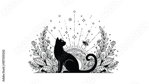 Artistic black silhouette of a cat sitting peacefully among lush flowers and leaves under a radiant sun and a small flying honeybee.