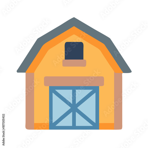 Stylized barn illustration with sliding doors and rectangular window on a black background