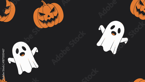 Spooky Halloween pattern featuring cartoon white ghosts and grinning orange jack-o'-lantern pumpkins on a dark black background, ideal for festive designs.