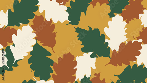 Seamless pattern of stylized oak leaves in autumn colors creating a natural camouflage background.