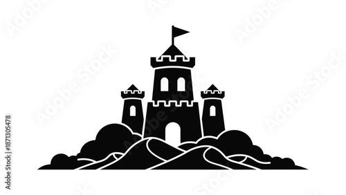 Bold black silhouette of a grand sandcastle built on dunes with several towers and a flag at the top representing summer fun at the beach.
