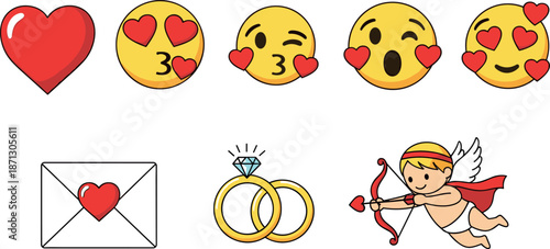 Romantic Valentine’s Day Vector Set Featuring Cute Cupid Illustration Love Heart Emojis Wedding Rings and Secret Love Letter Envelope Graphics