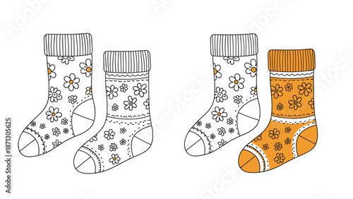 Comparison of two pairs of patterned socks showing one version as a line drawing and the other with a warm orange and white color palette.