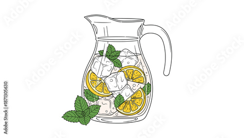 Refreshing pitcher of ice-cold lemonade filled with clear ice cubes, fresh lemon slices, and a large sprig of green mint leaves on the side.