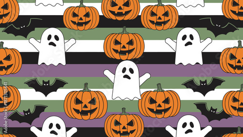 A seamless Halloween pattern featuring smiling jack-o'-lanterns, spooky white ghosts, and flying black bats on a striped background.