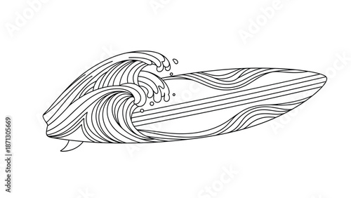 Artistic line drawing of a surfboard featuring a decorative wave pattern on its surface and set against stylized rolling ocean waves.