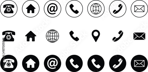 Black and white contact telephone house at symbol globe phone mail