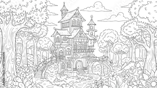 Wallpaper Mural Black and white line drawing of a whimsical castle with towers and bridge surrounded by trees and foliage in a serene natural setting. Torontodigital.ca