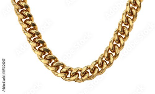 Close-up view of a thick gold chain necklace