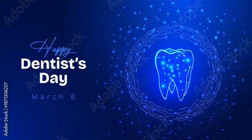National dentists day glowing digital teeth on futuristic, round circuit blue background.