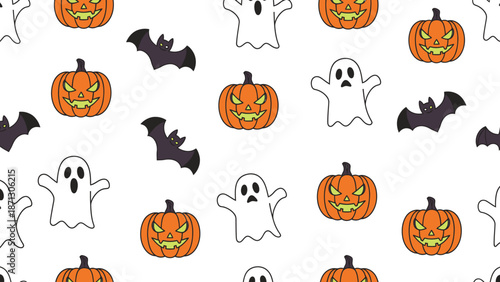 Seamless Halloween pattern featuring cartoon jack-o'-lanterns, spooky ghosts, and flying bats on a clean white background, perfect for festive designs.