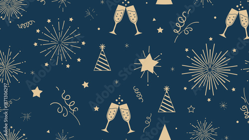 Seamless pattern with golden New Year's Eve celebration motifs on a dark blue background, featuring fireworks, champagne, and party hats.