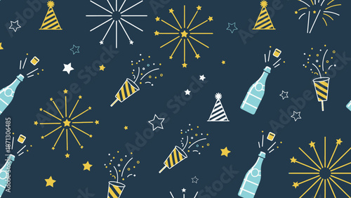 Seamless pattern featuring festive party elements like fireworks, champagne bottles, party poppers, and hats on a dark blue background.