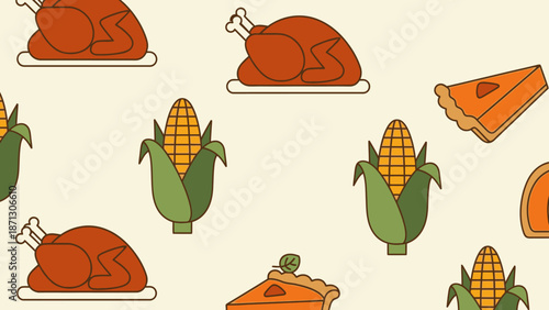 A festive seamless pattern featuring Thanksgiving roasted turkeys, corn on the cob, and pumpkin pie slices on a light background.