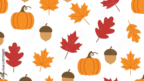 A seamless pattern featuring autumn elements like pumpkins, colorful leaves, and acorns on a white background, perfect for fall designs.