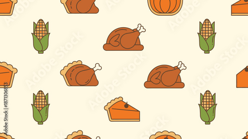 Seamless pattern featuring traditional Thanksgiving dinner items like roasted turkeys, pumpkin pies, and corn on the cob, set against a light background.