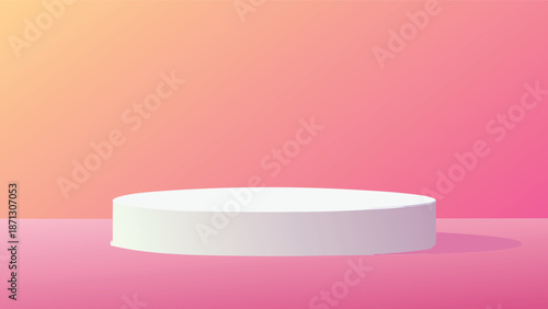 White Circular Pedestal In Bright Studio For Product Display.
