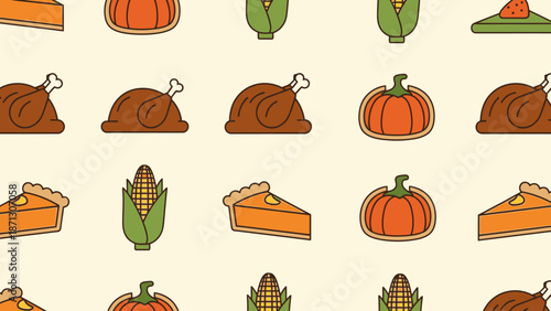 A festive and colorful seamless pattern featuring traditional Thanksgiving food items like roasted turkeys, pumpkin pies, pumpkins, and corn cobs on a light background.