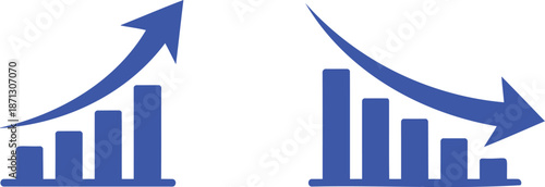 Blue bar graph with upward and downward arrows chart