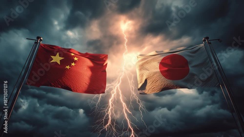 Clashing flags of china and japan in a stormy sky dynamic imagery dramatic environment global tensions