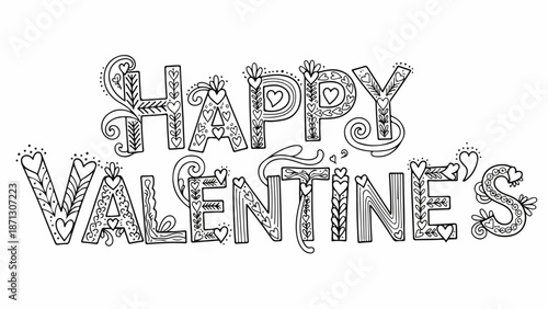 Black and white illustration of 'Happy Valentine's' with decorative letters and hearts on a white background.