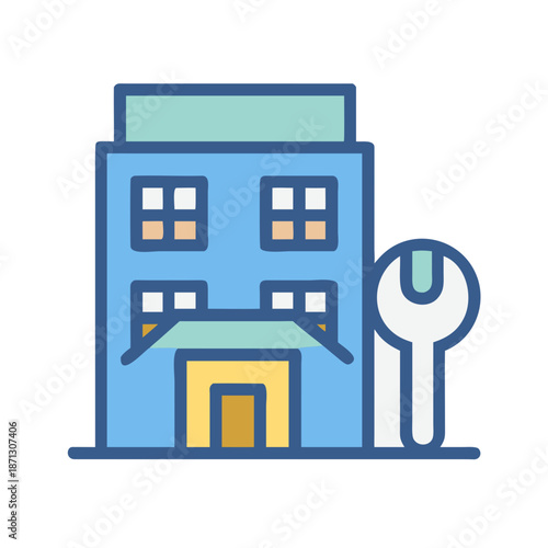 Building and maintenance concept: Vector illustration featuring a building with a wrench