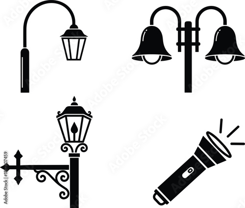Black Silhouette Icons of Streetlights and Flashlight on White Background lamp lighting
