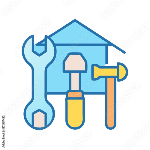 Illustration of a house and tools for repair services on black backdrop