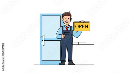 Friendly male shop owner character holding an open sign while standing in front of a blue store entrance door.