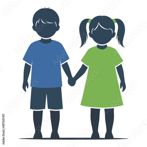 A simple illustration depicting a boy and a girl holding hands together