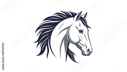 Strong horse head illustration with flowing mane in dark blue and grey tones suitable for powerful mascot branding.