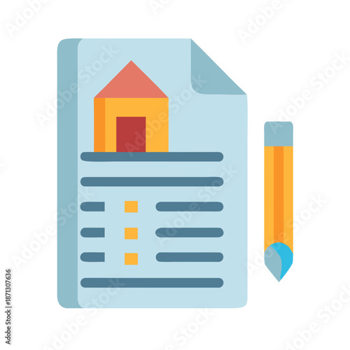 House blueprint document with pencil illustration for construction or real estate business
