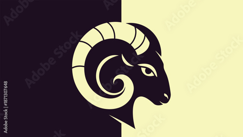 Powerful ram head silhouette with large curved horns displayed on a split background for striking zodiac branding.
