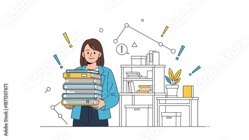 Diligent woman carrying a tall stack of books in an office setting surrounded by colorful exclamation mark icons.