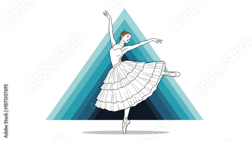 Elegant ballerina dancing in a white tutu against a blue geometric triangle background representing grace and art.