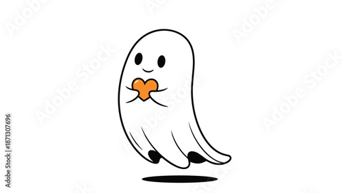 Cute little ghost cartoon holding a small orange heart with a happy expression for halloween or love concepts.