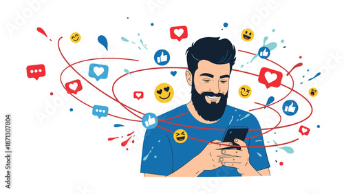 Happy bearded man using his smartphone surrounded by colorful social media like and heart emoji icons in flight.