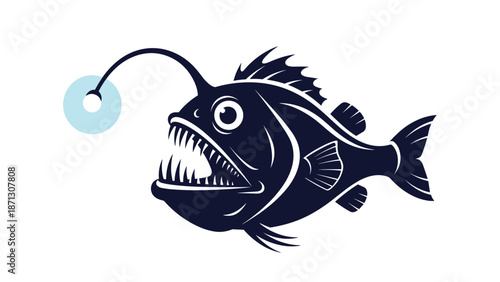 Fierce anglerfish silhouette with sharp teeth and glowing light lure designed for a powerful deep sea mascot logo.