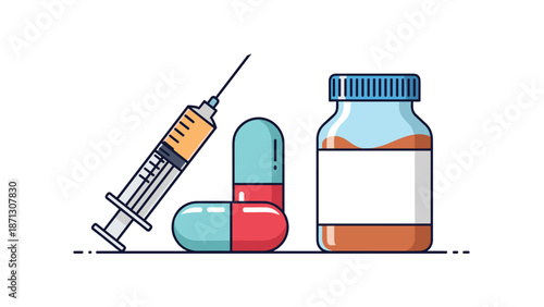 Medical equipment collection includes a syringe with orange liquid several capsules and a medicine bottle for healthcare and treatment.