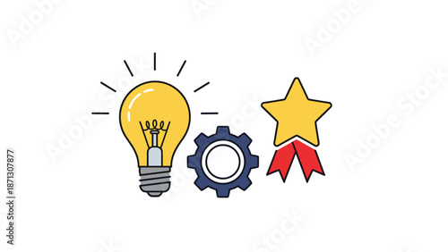 Set of innovation and success symbols includes a glowing light bulb representing ideas a blue gear and a gold star award ribbon icon.