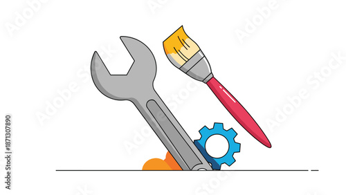 Professional repair and maintenance tools include a large gray wrench and a paintbrush with yellow paint for home improvement projects.