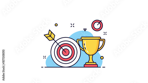 Achievement illustration combines a target with an arrow in the bullseye and a golden trophy cup to signify winning and reaching goals.