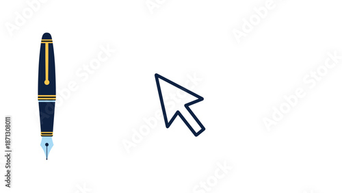 Classic dark blue fountain pen with gold trim is placed next to a digital mouse cursor arrow symbolizing the blend of old and new writing.