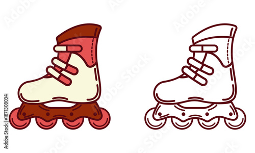Vector illustration of an inline skate or rollerblade, featuring two versions colored and line art