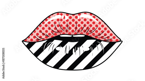 Pop art style lips illustration features red polka dots on the upper lip and bold black and white stripes on the lower lip for a fun look.