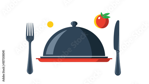 Fine dining illustration shows a dark blue cloche on a red plate with a fork and knife beside a fresh tomato and a yellow sun icon.