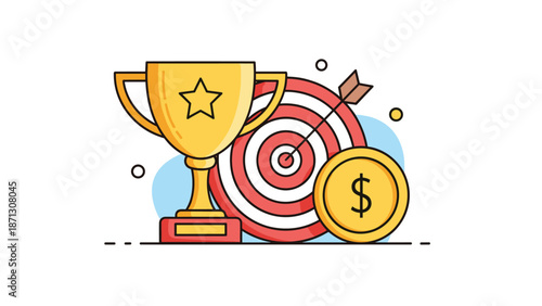Business success icons include a gold trophy cup a bullseye target with an arrow and a gold dollar coin representing wealth and goals.